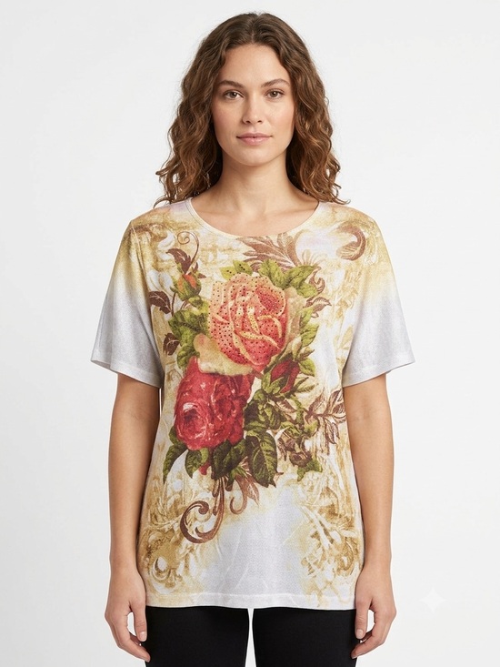 dressbarn Tops - Dressbarn NWOT Metallic Floral Scoop Neck Short Sleeve Top Stretchy Comfy